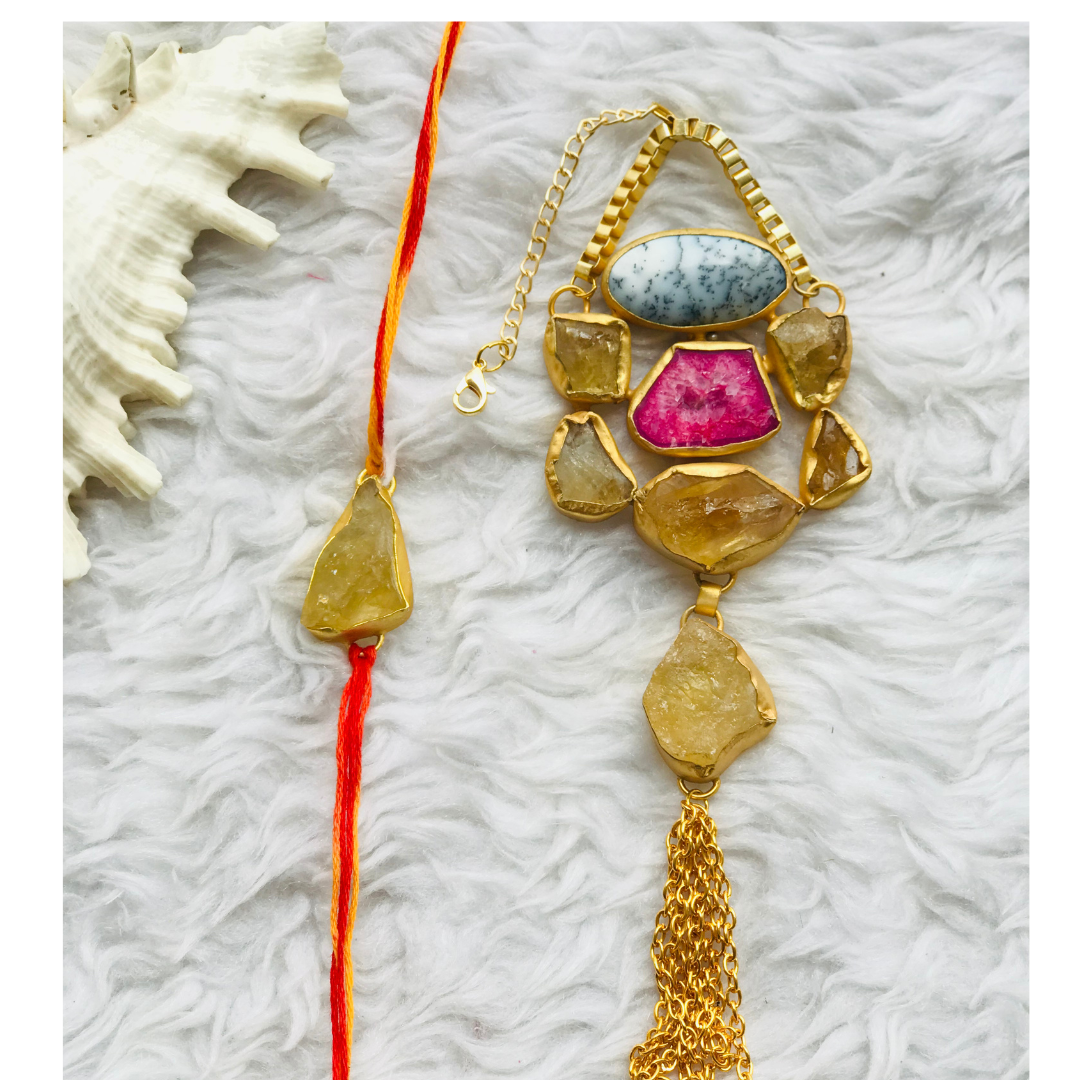 Dandrite Quartz, Agate and Citrine Raw Stone Pendant Couple Rakhi