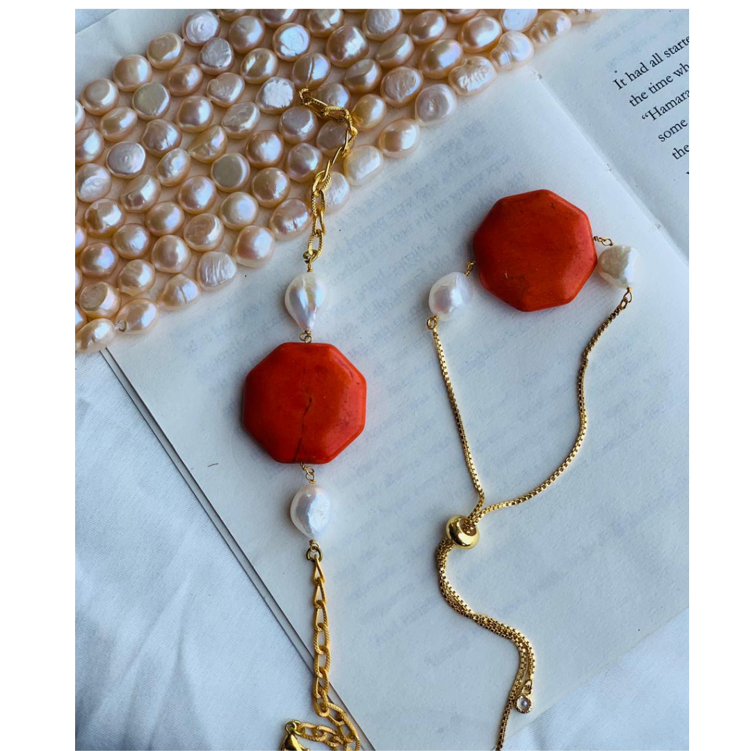 Red Hexagon stone with pearl couple rakhi