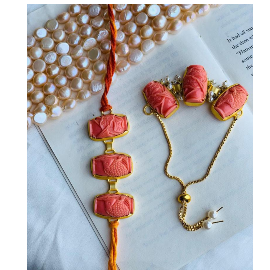 Red Carved Coral with Pearl Beads Couple Rakhi