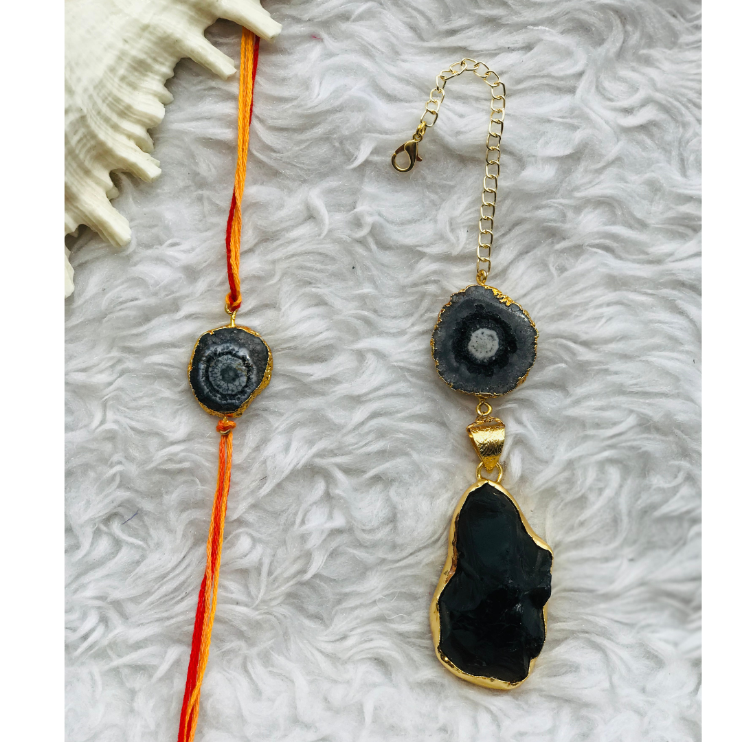 Smoky Raw Stone Pendant Couple Rakhi