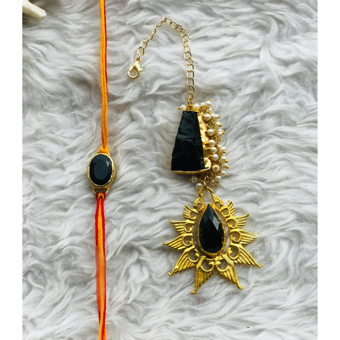 Faceted Black Onyx and Raw Stone Couple Rakhi