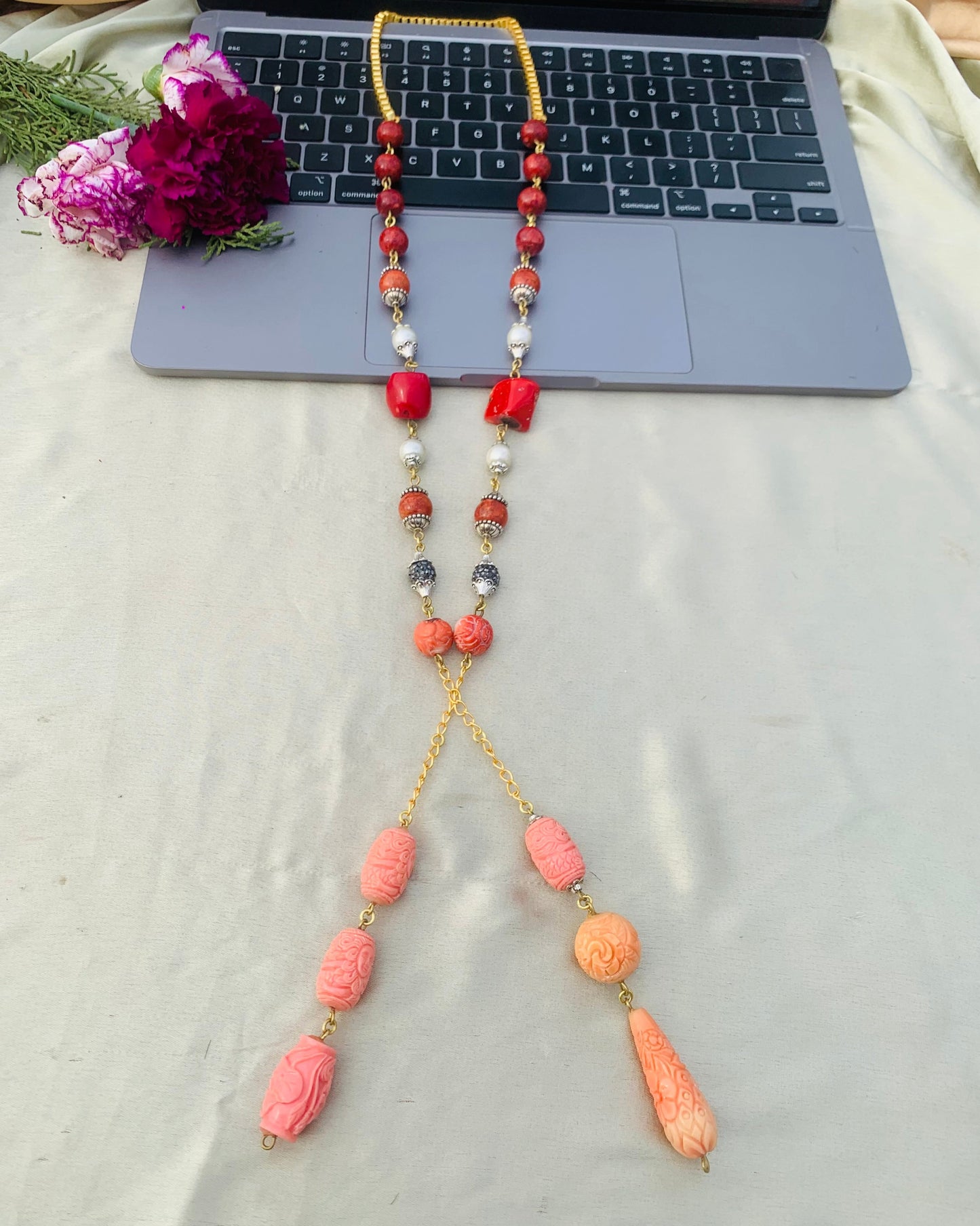 Carving Coral with Pearl Tie Necklace