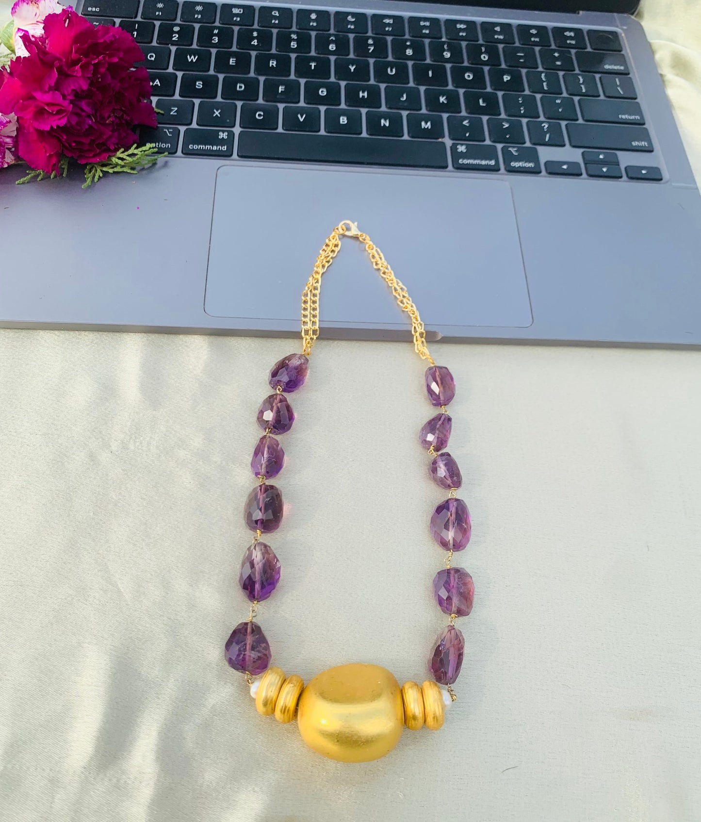 Golden Balls In Amethyst Necklace