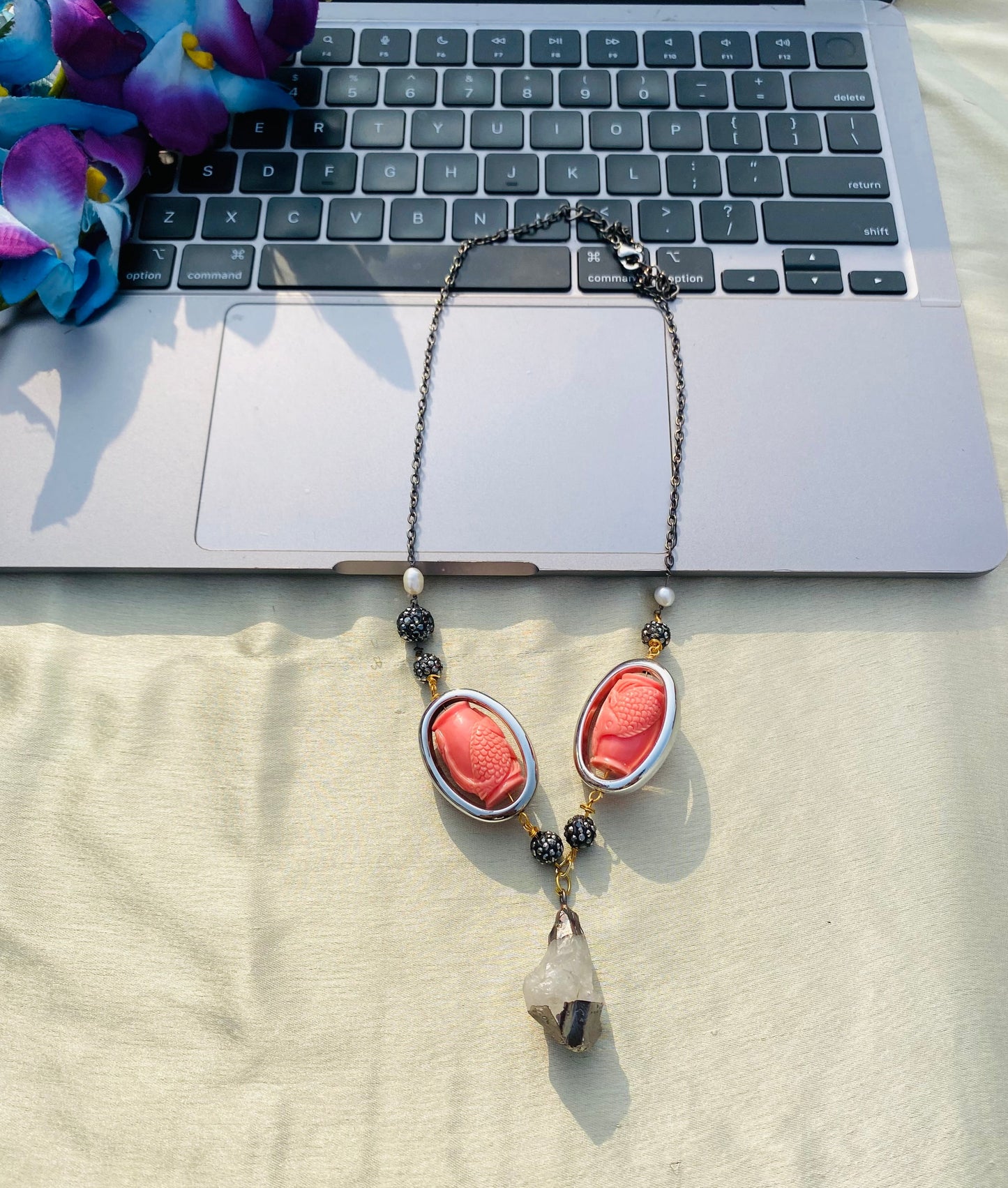 Corals Holding Crystal Oxidised Necklace