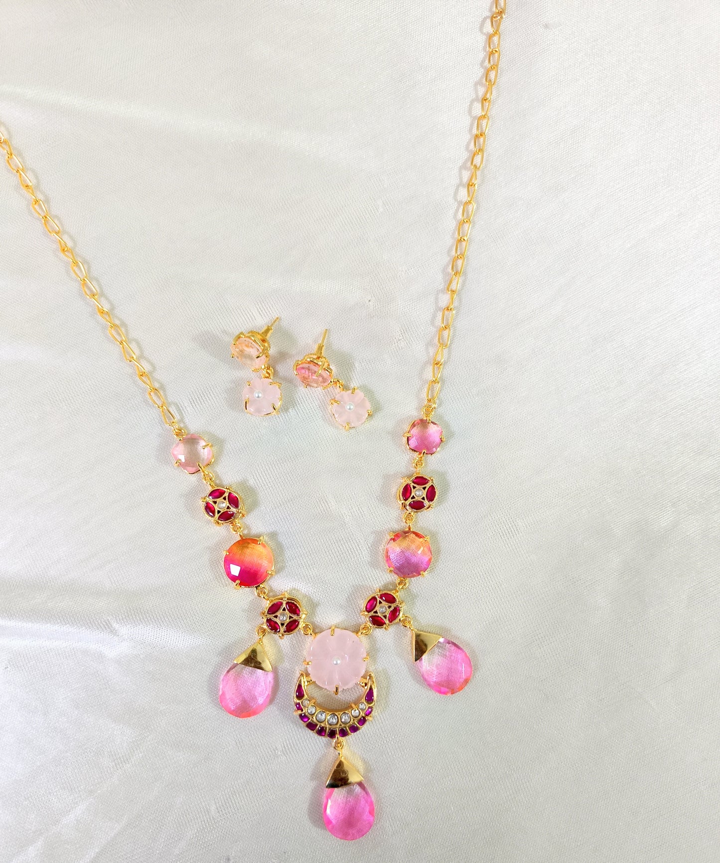 Pink Quartz-Inspired Floral Necklace & Earrings Set