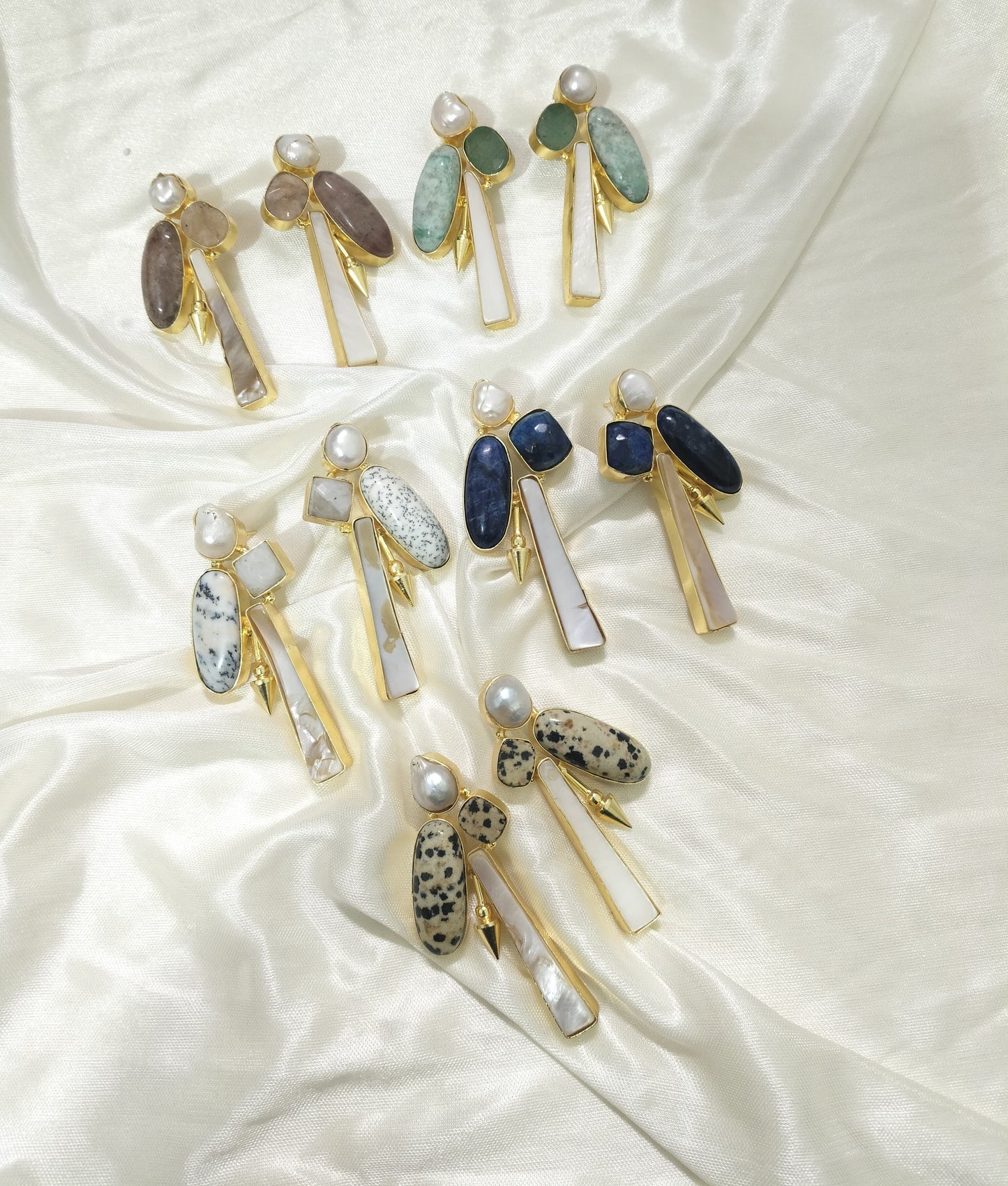 Handcrafted Pearl & Semi - Precious Stone Statement Earrings