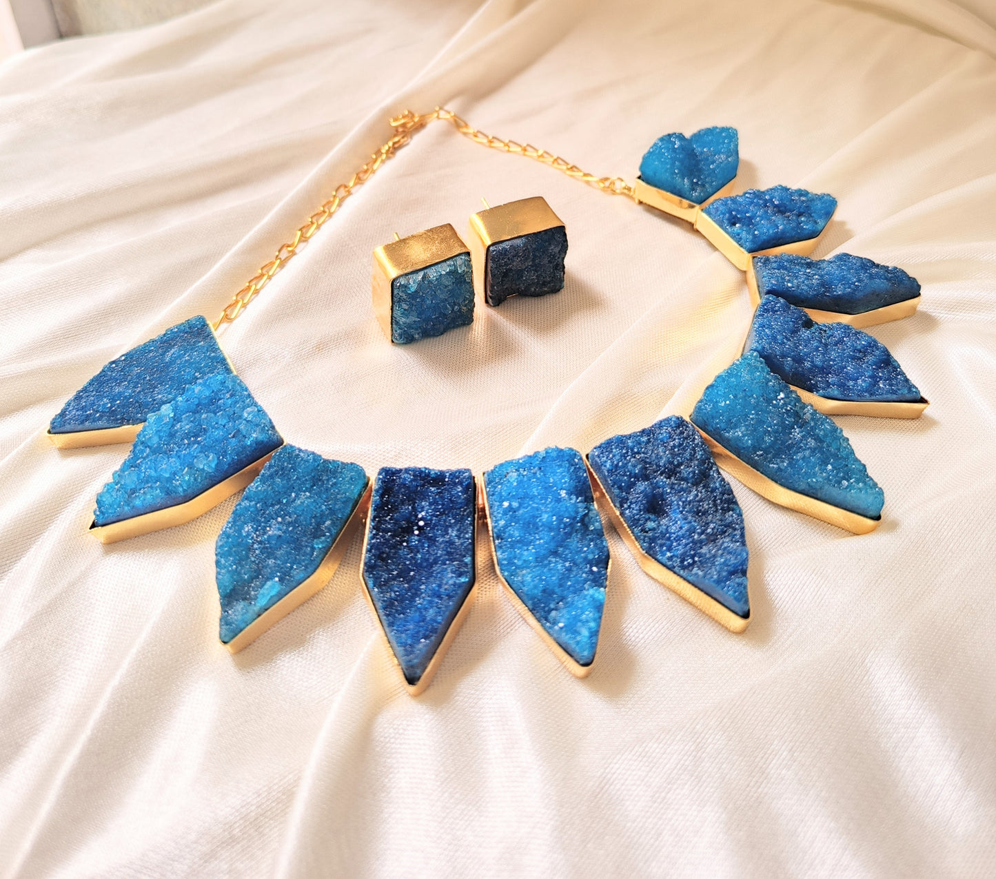 Royal Blue Druzy Statement Necklace & Stud Earring Set
