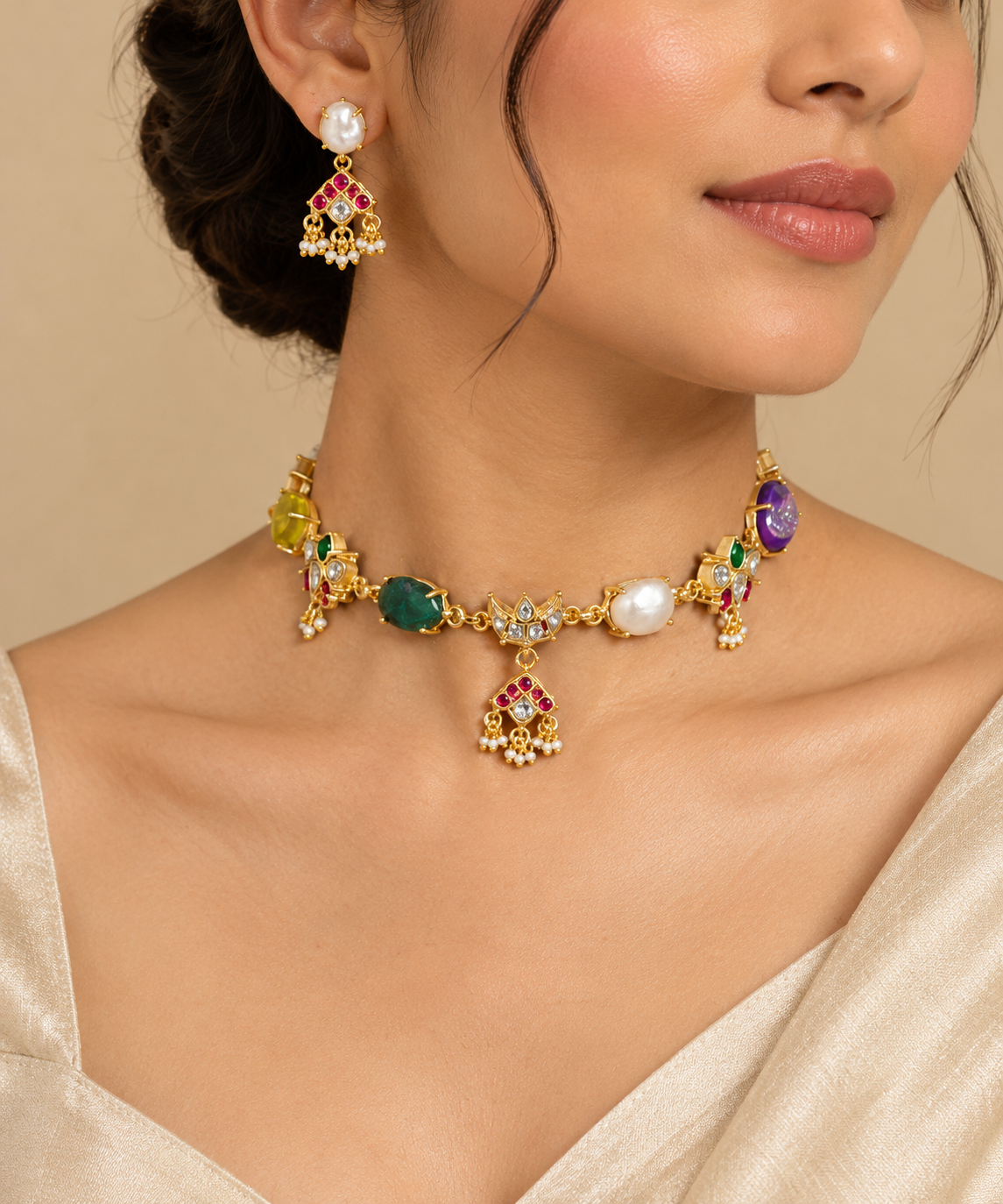 Statement Multicolor Choker Set with Traditional Drop Earrings