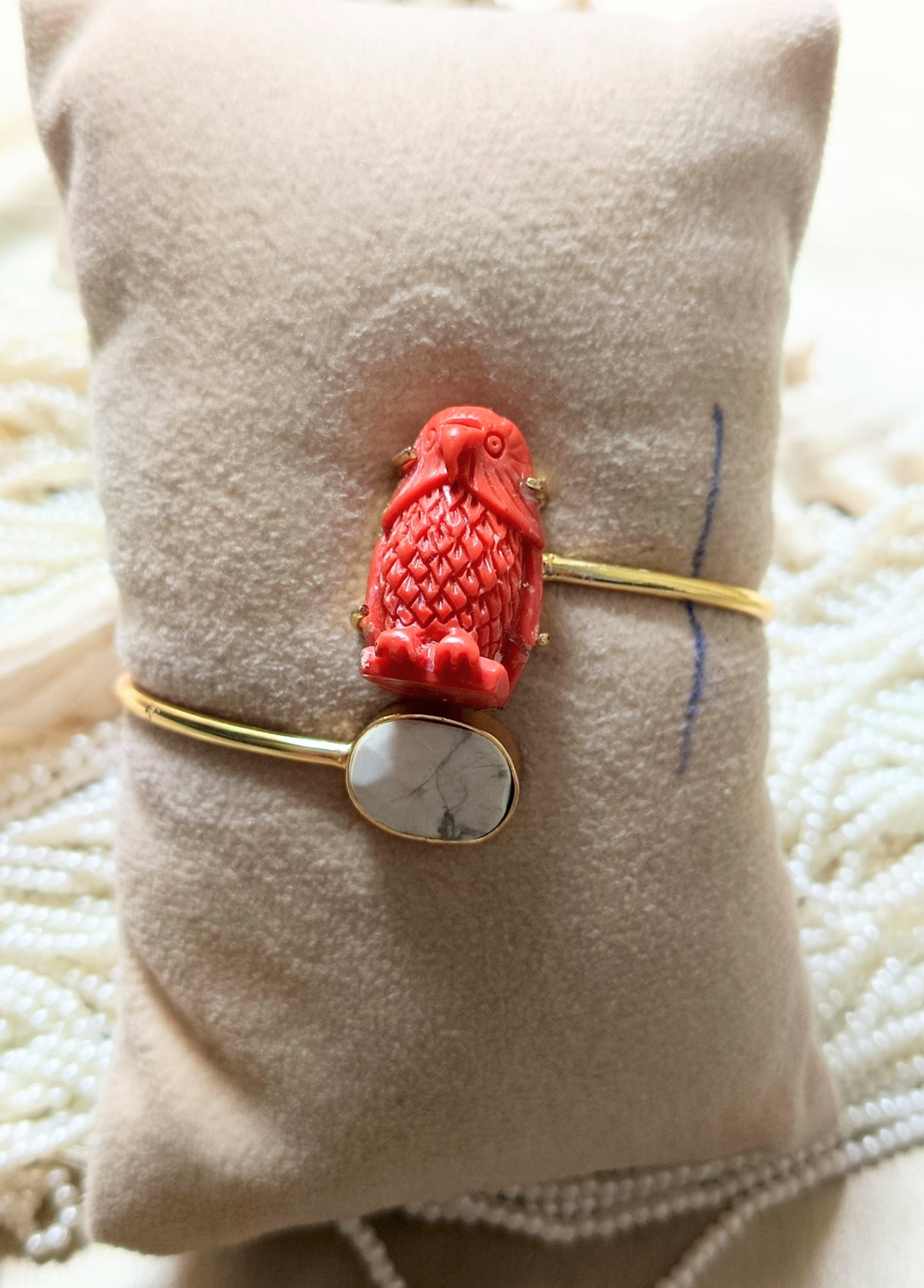 Carved Red Coral with White Stone Handcuff