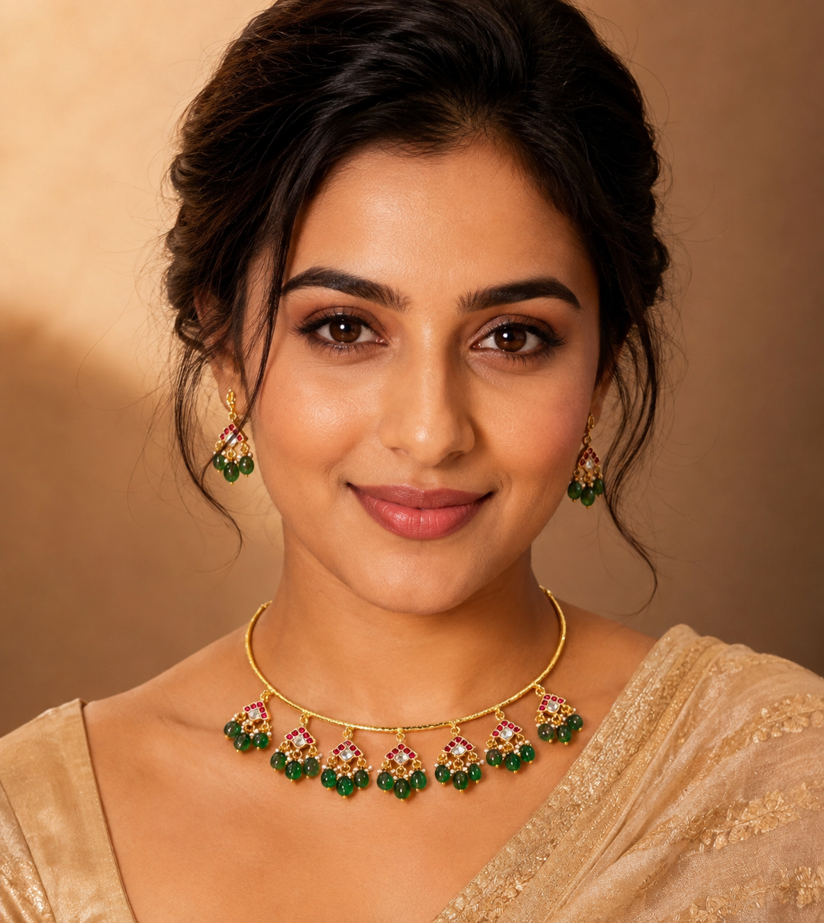 Royal Green Beaded Hasli Necklace Set with Earrings