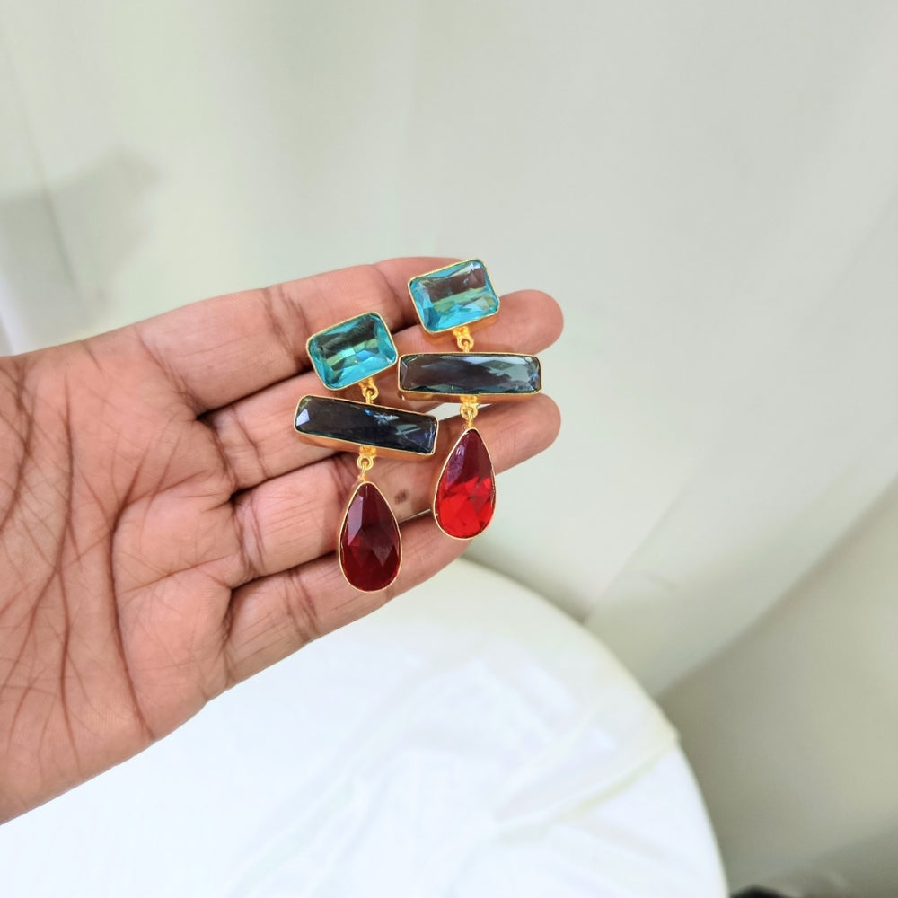 Gold - plated Teal, Red Crystal Drop Earring