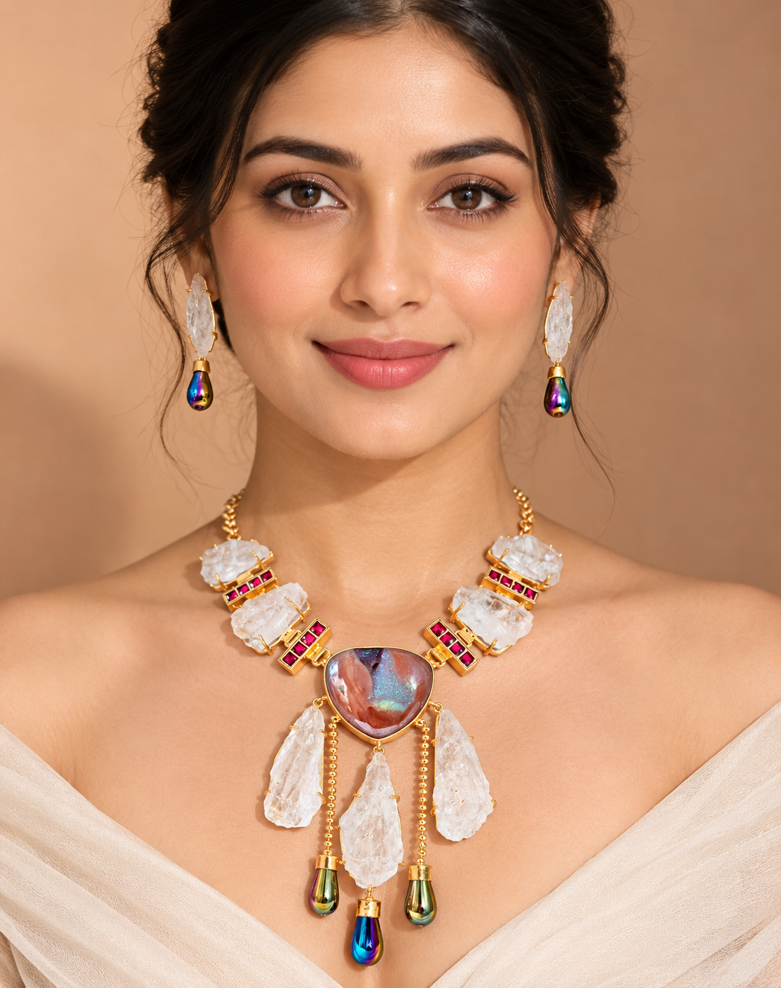Raw Crystal & Ruby-Tone Gemstone Jewelry Set