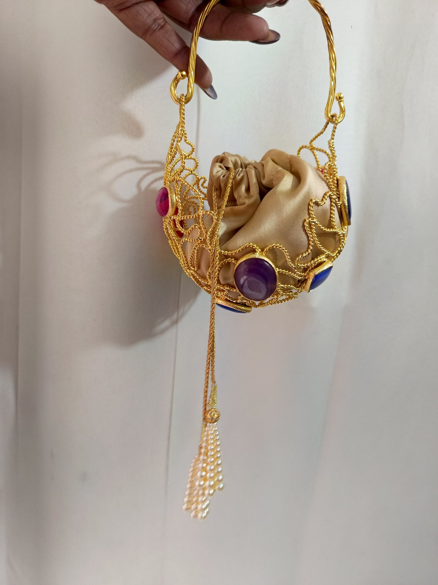 Luxury Handcrafted Gold Wire Crystal Evening Clutch Bag with Satin Pouch