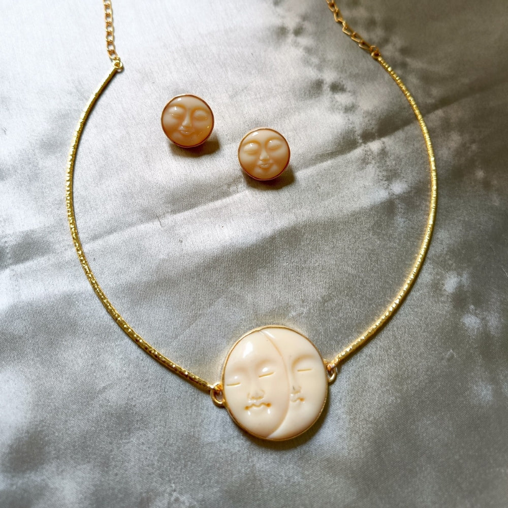 Carved Moon Face Necklace Set, Celestial Pearl Jewelry