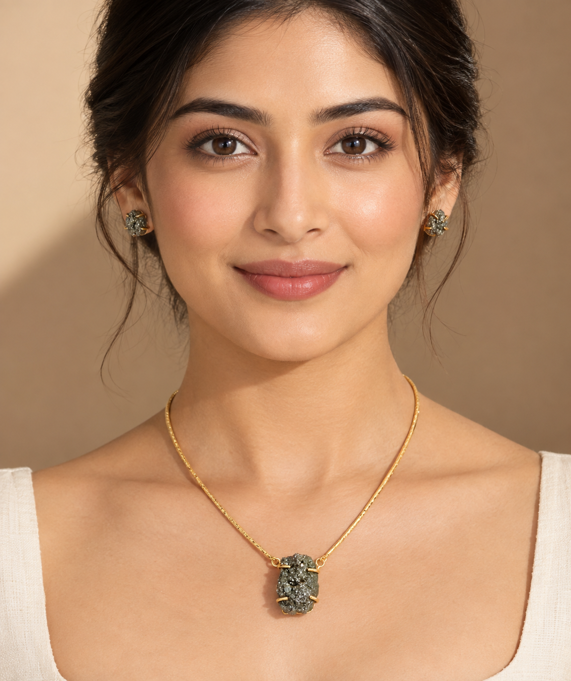 Elegant Natural Pyrite Hasli & Earring Set