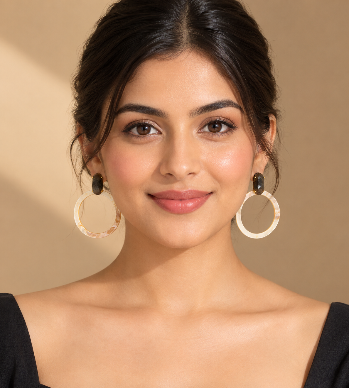 Natural Gemstones & Mother of Pearl Statement Hoop Earrings