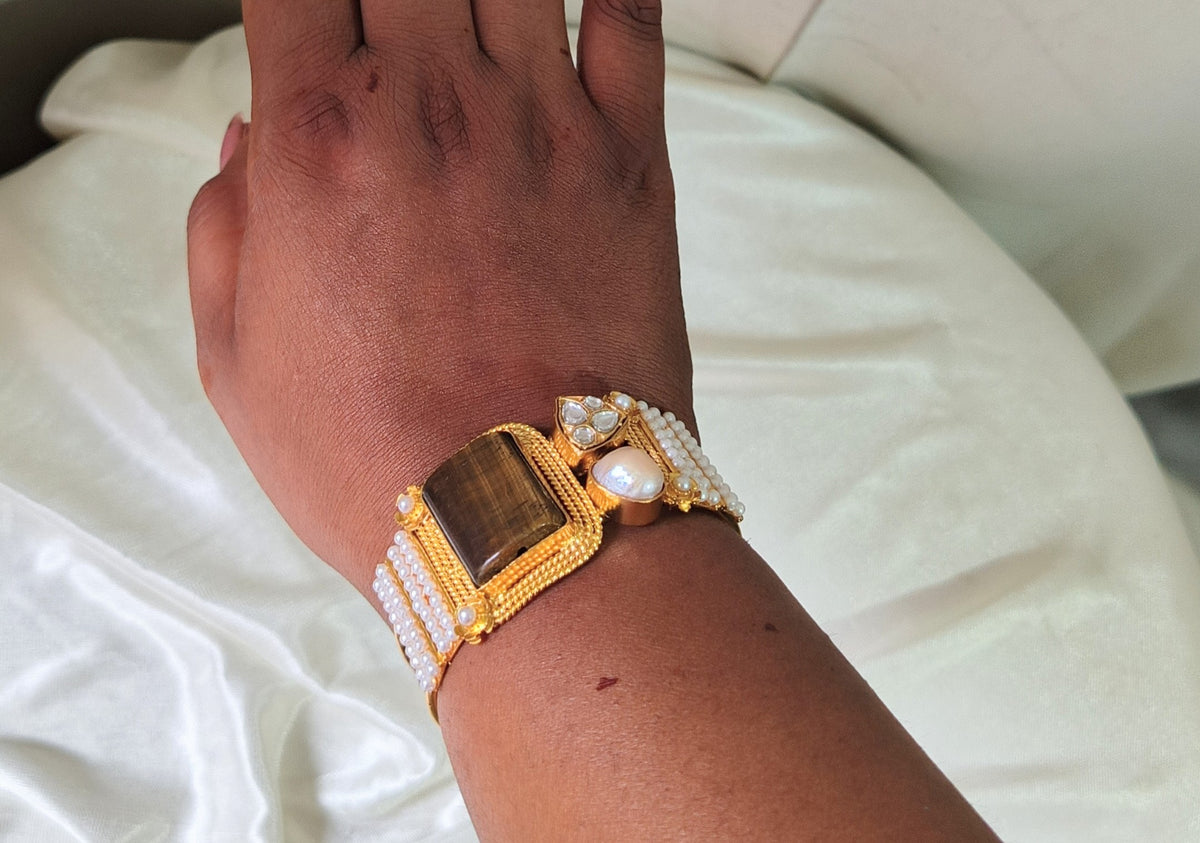 Luxury Gold Pearl & Gemstone Cuff Bracelet