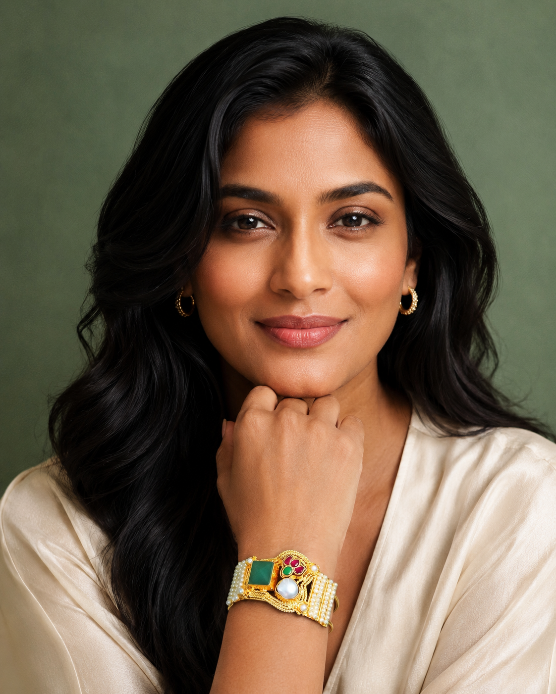 Royal Kundan Pearl & Green Stone Gold-Plated Statement Handcuff