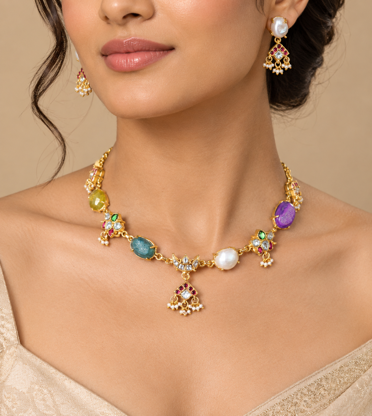 Multicolor Gold-Plated Traditional Choker Set