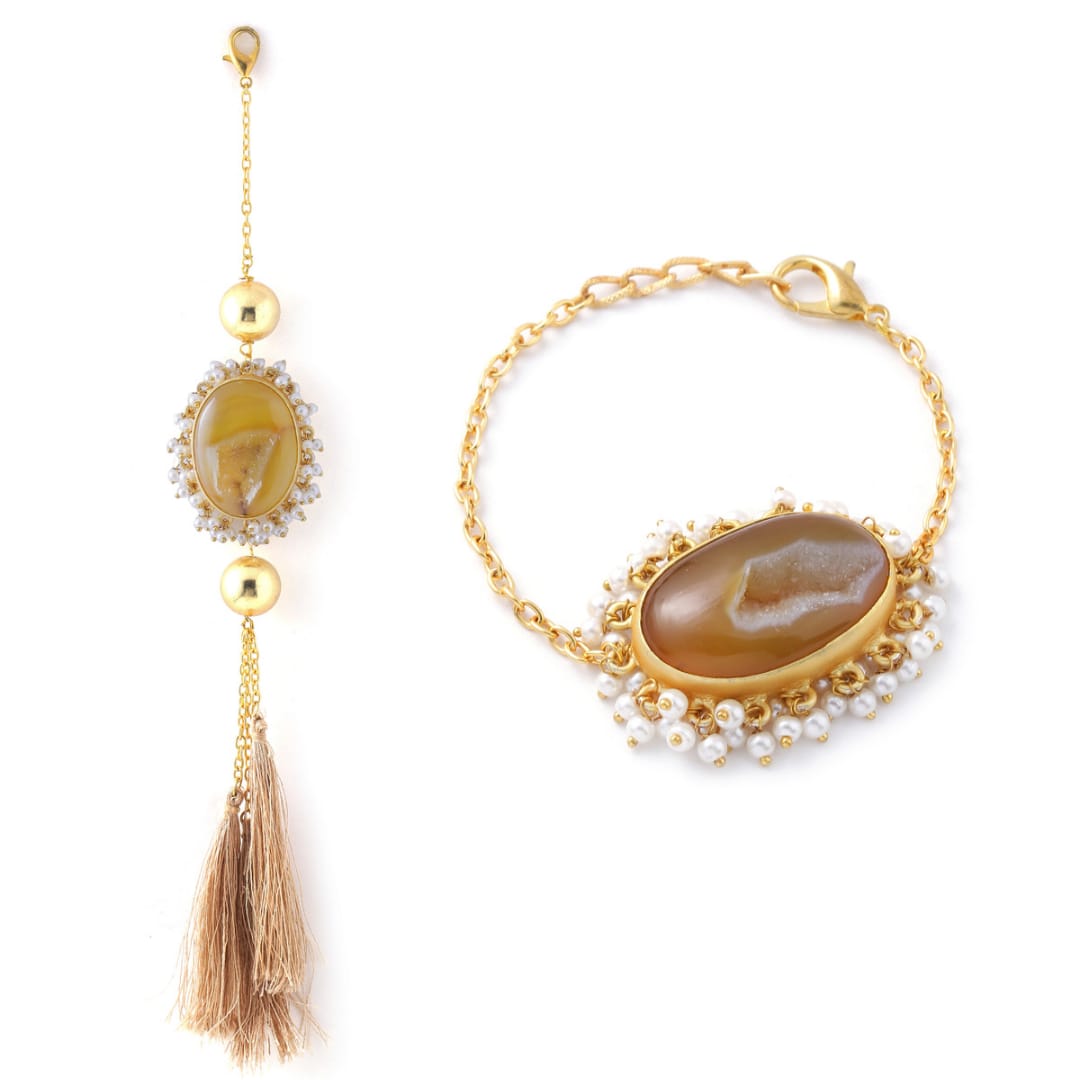 Brown Druzy Stone with Pearl Couple Rakhi