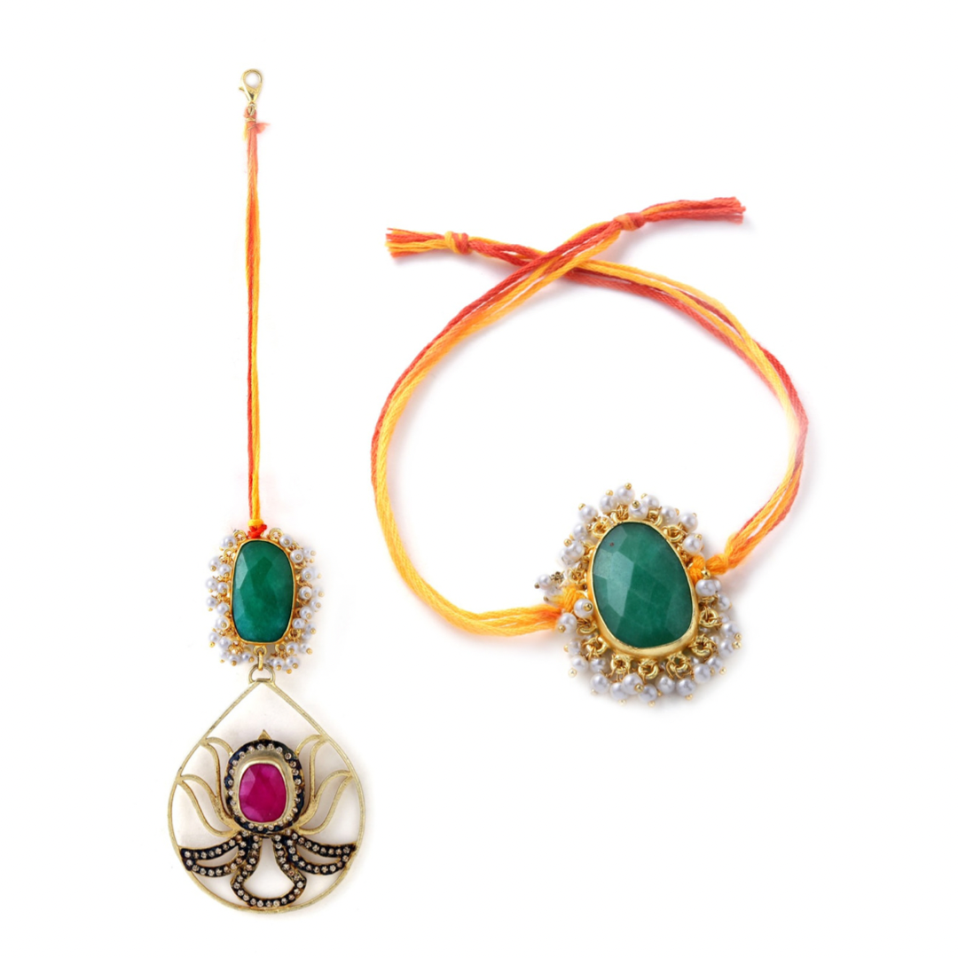 Red Lotus with Green Stone Couple Rakhi
