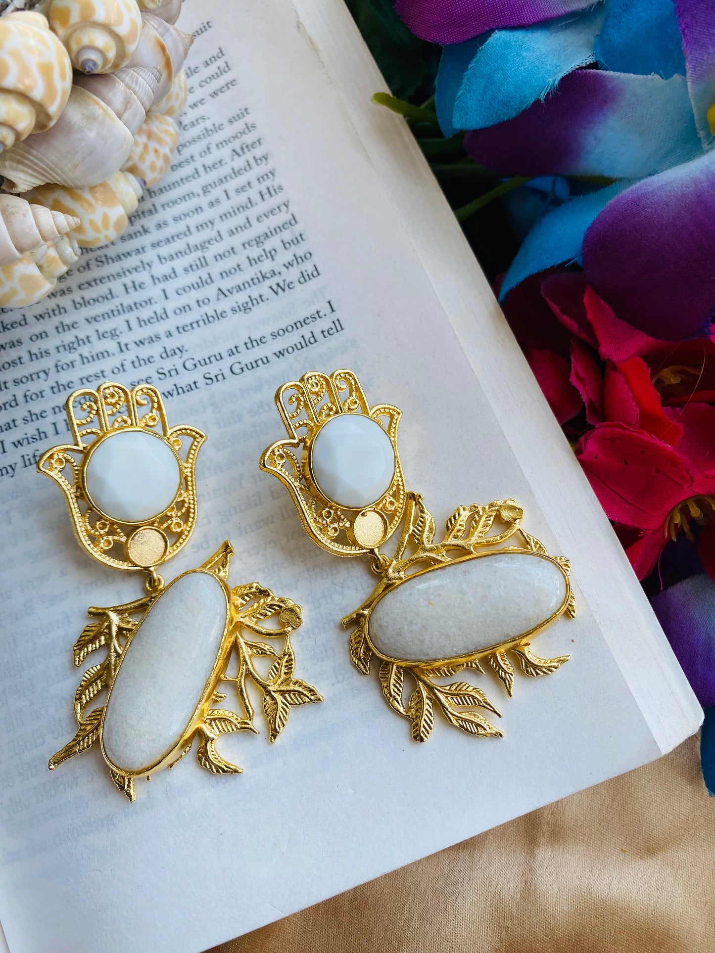 Opal on Hamsa Leaves Earrings