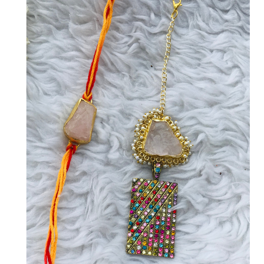 Rose Quartz with Multi colour Zircon Pendant Couple Rakhi