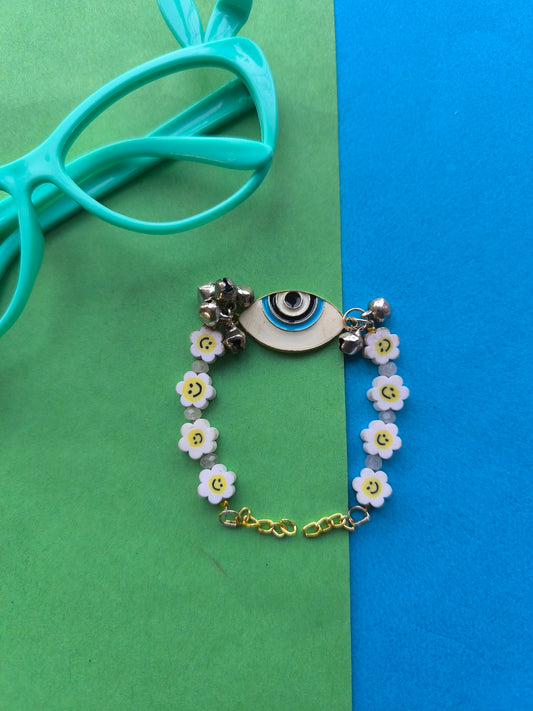 WHITE EVIL EYE CHARM WITH  COLOURFUL BEADS & GUNGRU