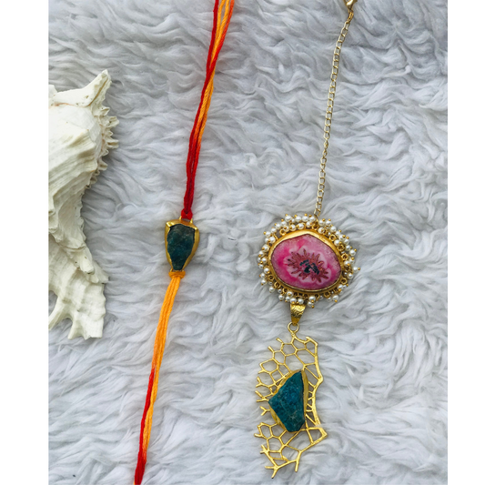 Pink Sugar Druzy and Apatite Raw Stone Couple Rakhi