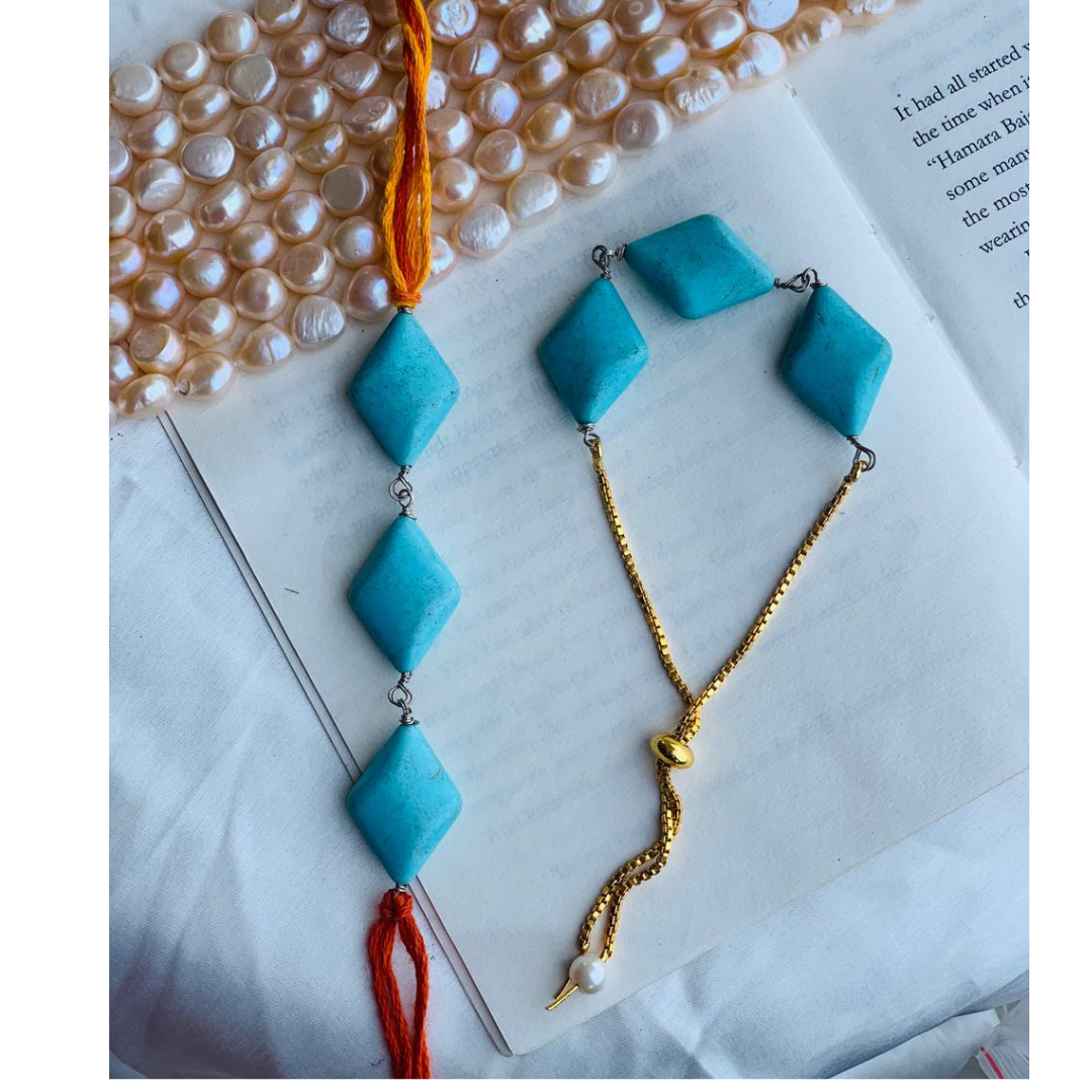 Turquoise Diamond Couple Rakhi
