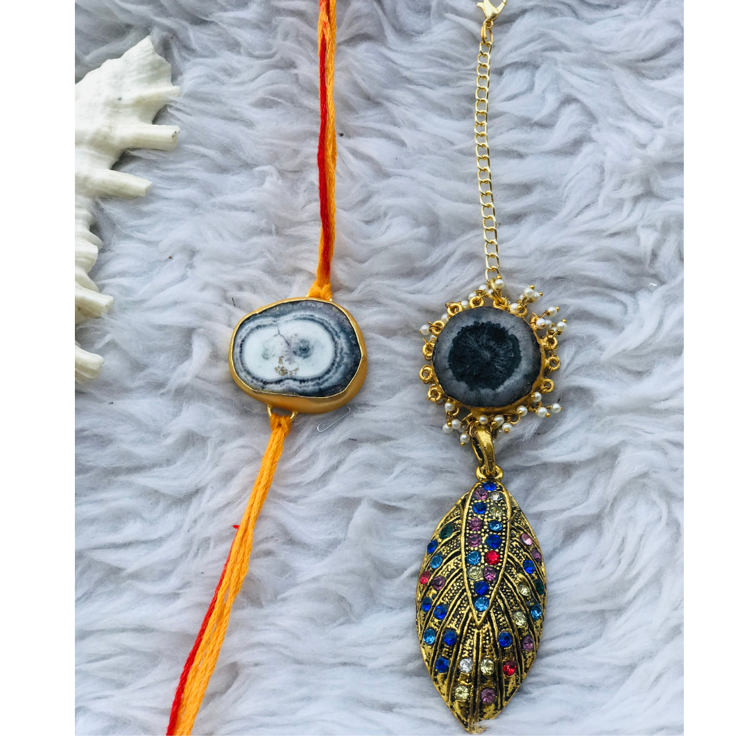 Agate with Multi Zircon Pendant Couple Rakhi