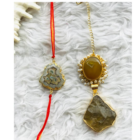 Raw Stone with Brown Druzy Pendant Couple Rakhi