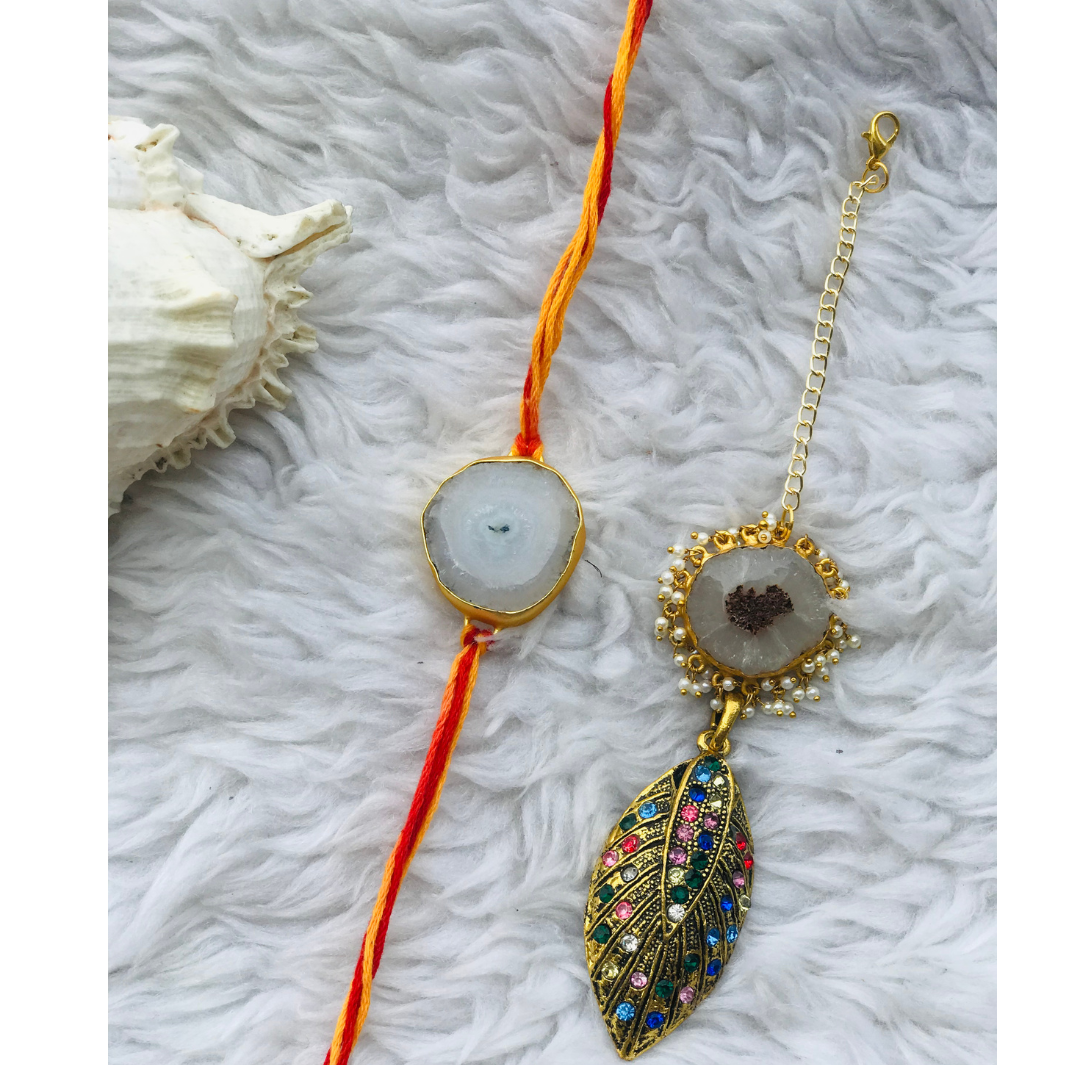 Agate with Multi Zircon Pendant Couple Rakhi