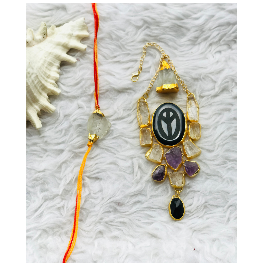 Black Onyx Pendant with Crystals and Amethyst Raw Stones Couple Rakhi