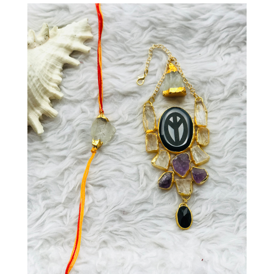 Black Onyx Pendant with Crystals and Amethyst Raw Stones Couple Rakhi
