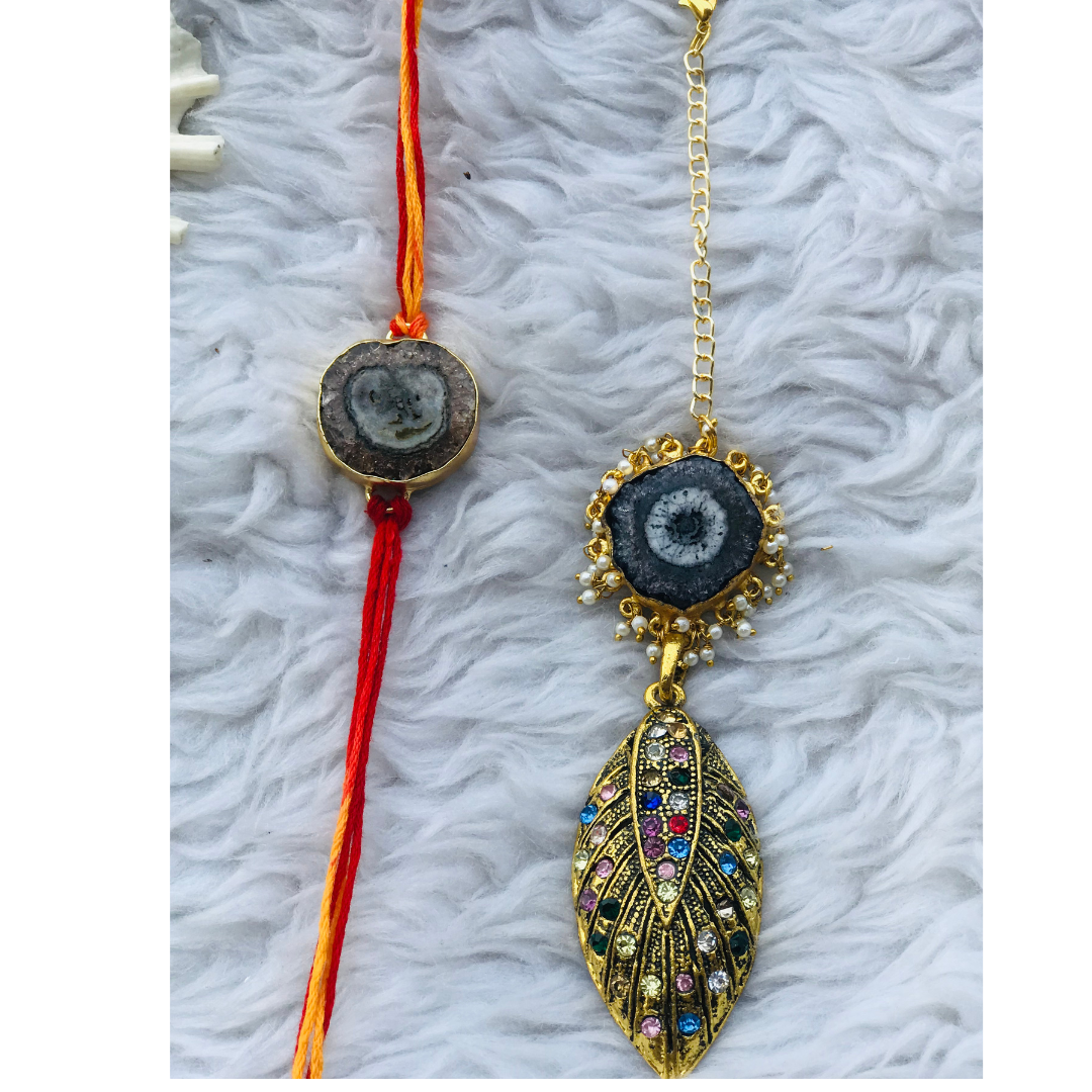 Agate with Multi Zircon Pendant Couple Rakhi