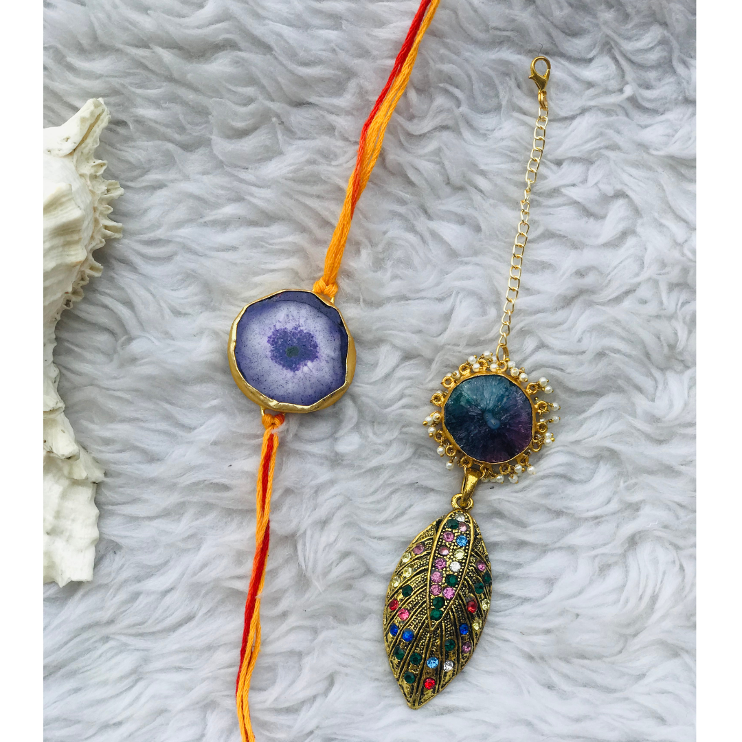 Agate with Multi Zircon Pendant Couple Rakhi