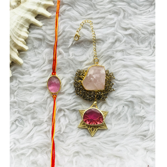 Rose quartz Pendant with Rose Monalisa Couple Rakhi