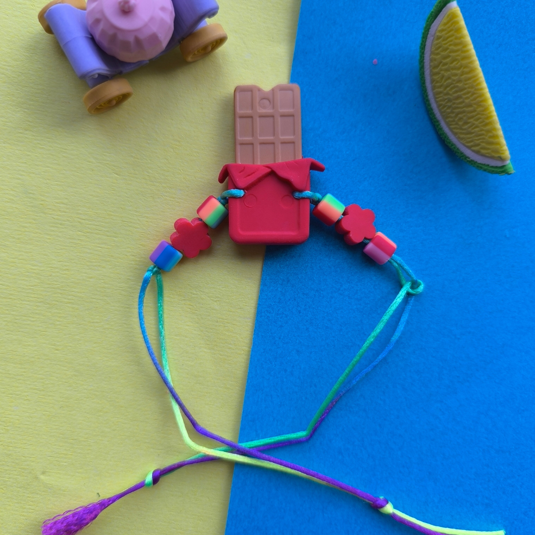 CHOCOLATE ERASER WITH  COLOUR BEADS & THREAD