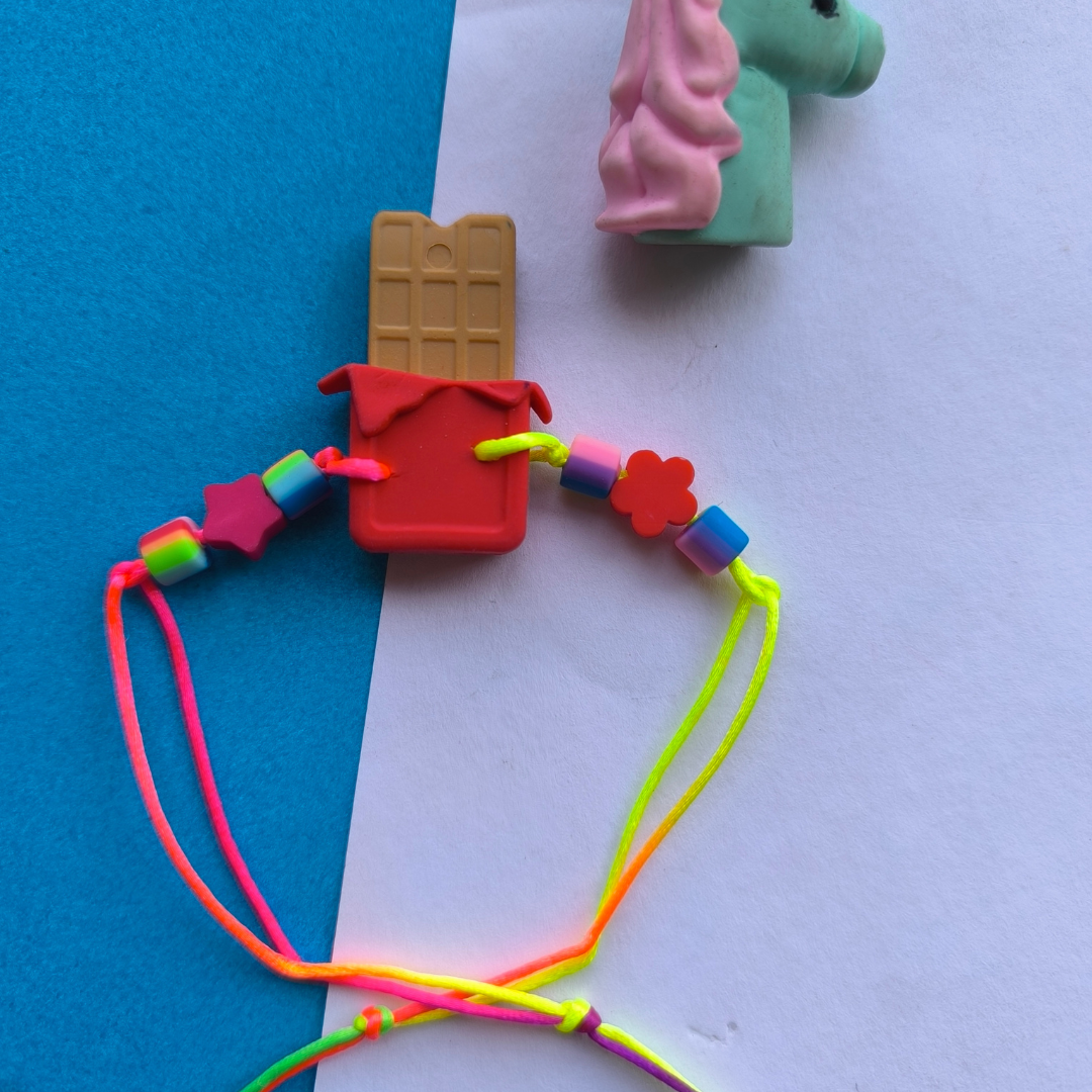 CHOCOLATE ERASER WITH  COLOUR BEADS & THREAD