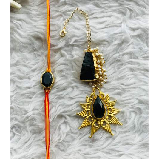 Faceted Black Onyx and Raw Stone Couple Rakhi
