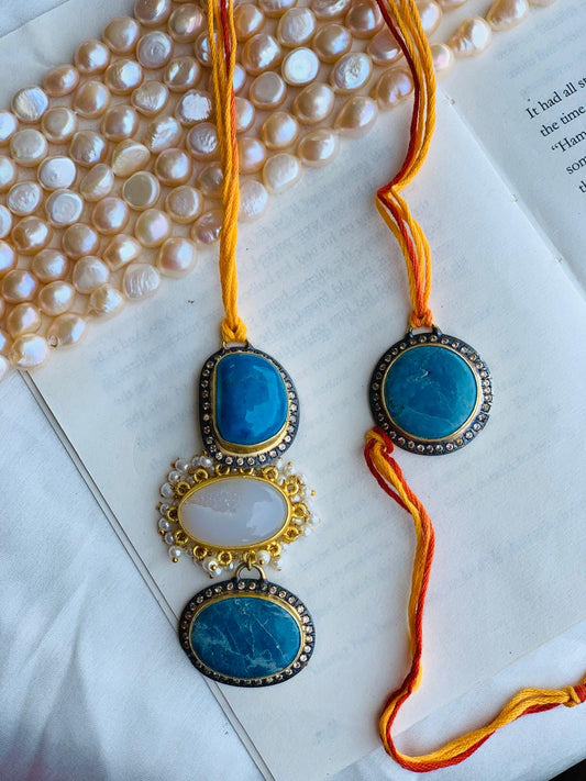 Turquoise and Sugar Druzy Mauli Couple Rakhi