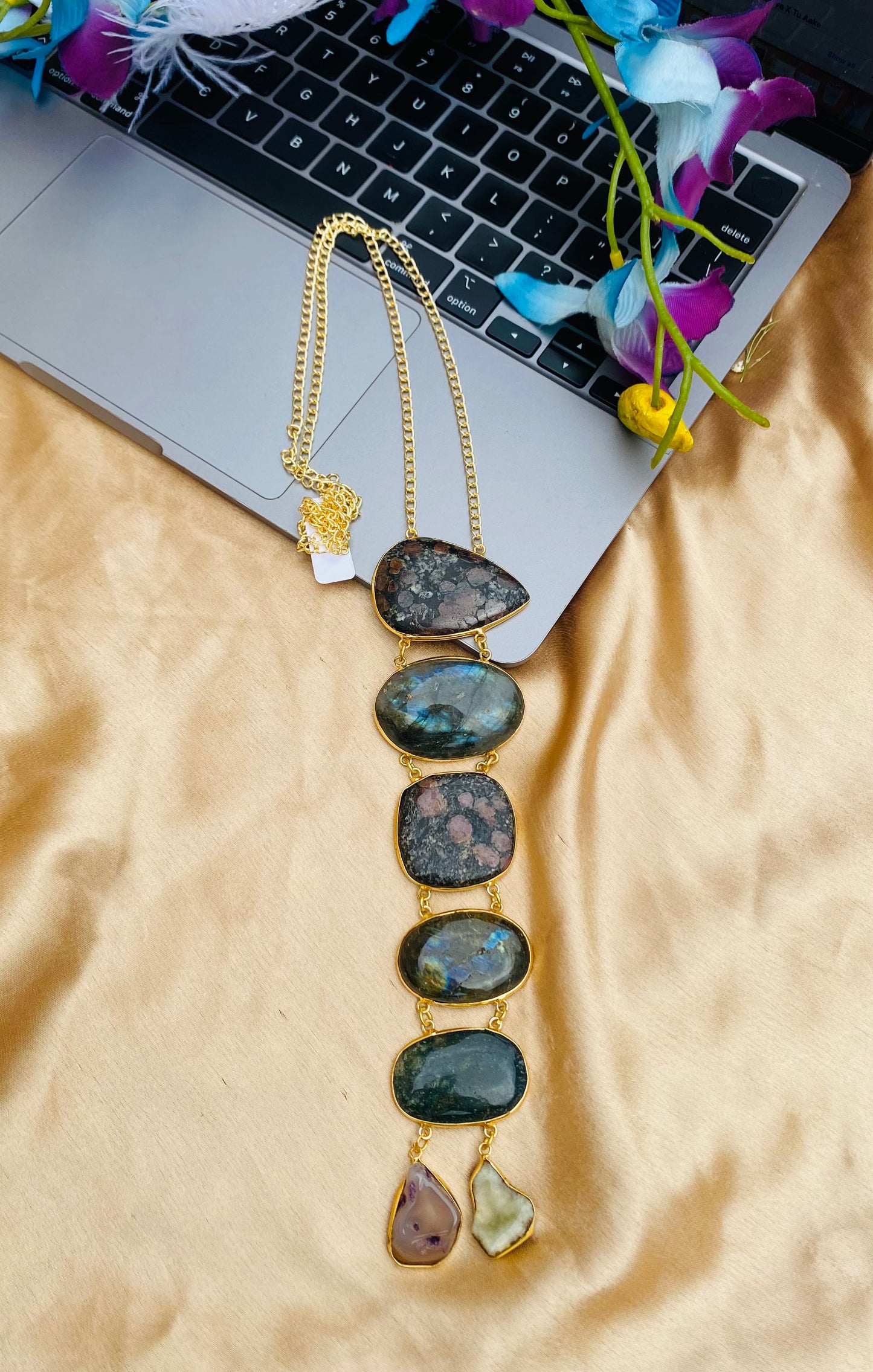 Alternating Jasper Labradorite Tie Necklace