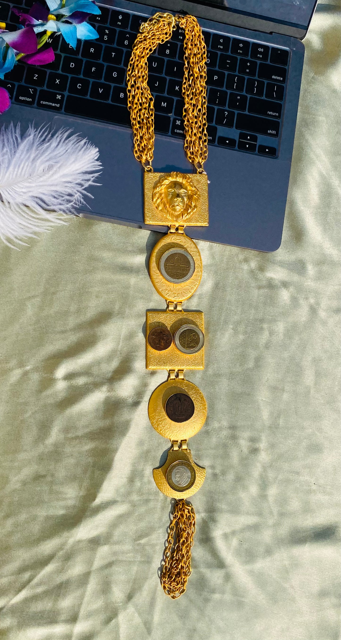 Coins And A Lion Tie Necklace
