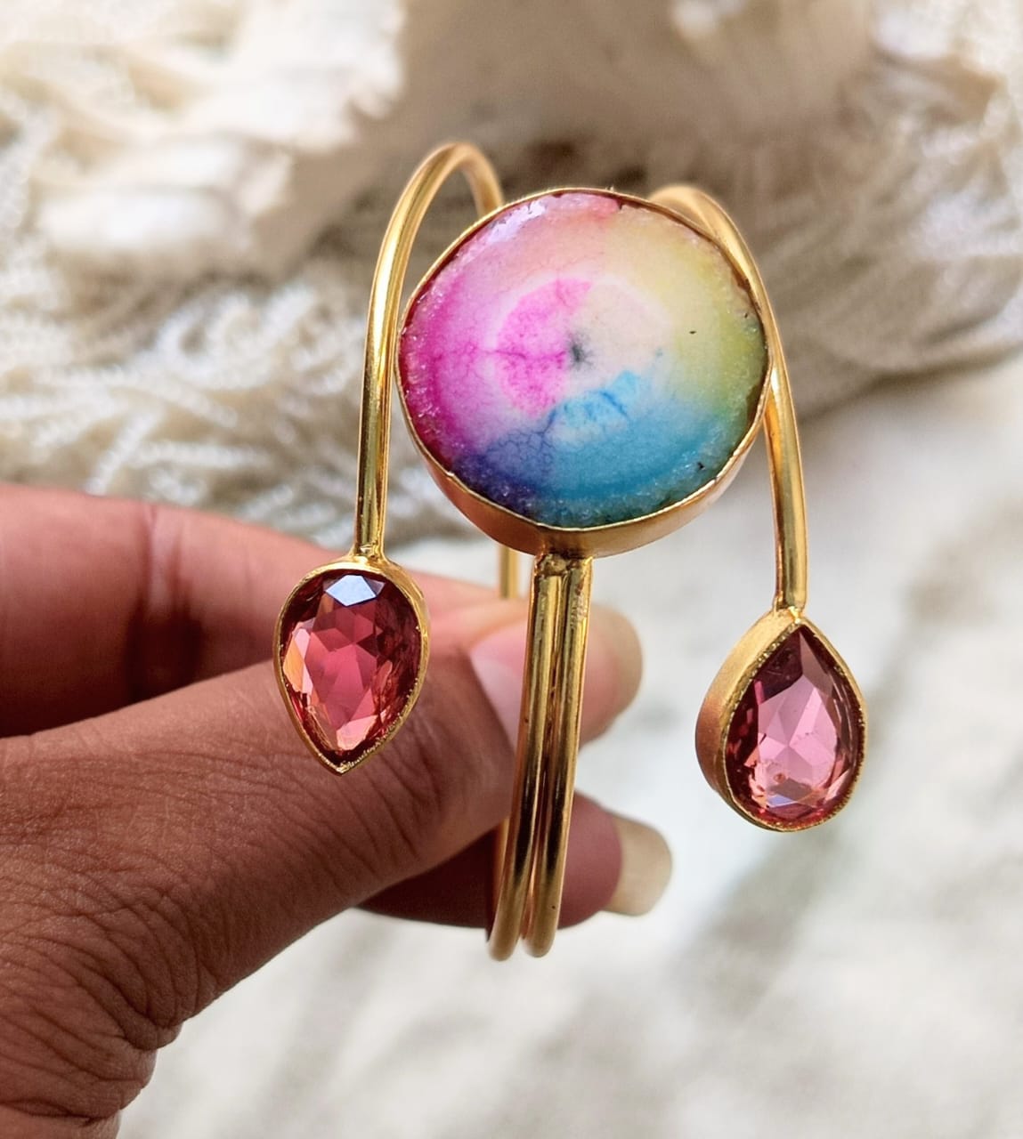 Rainbow Aura Quartz & Ruby tone Gemstone Handcuff