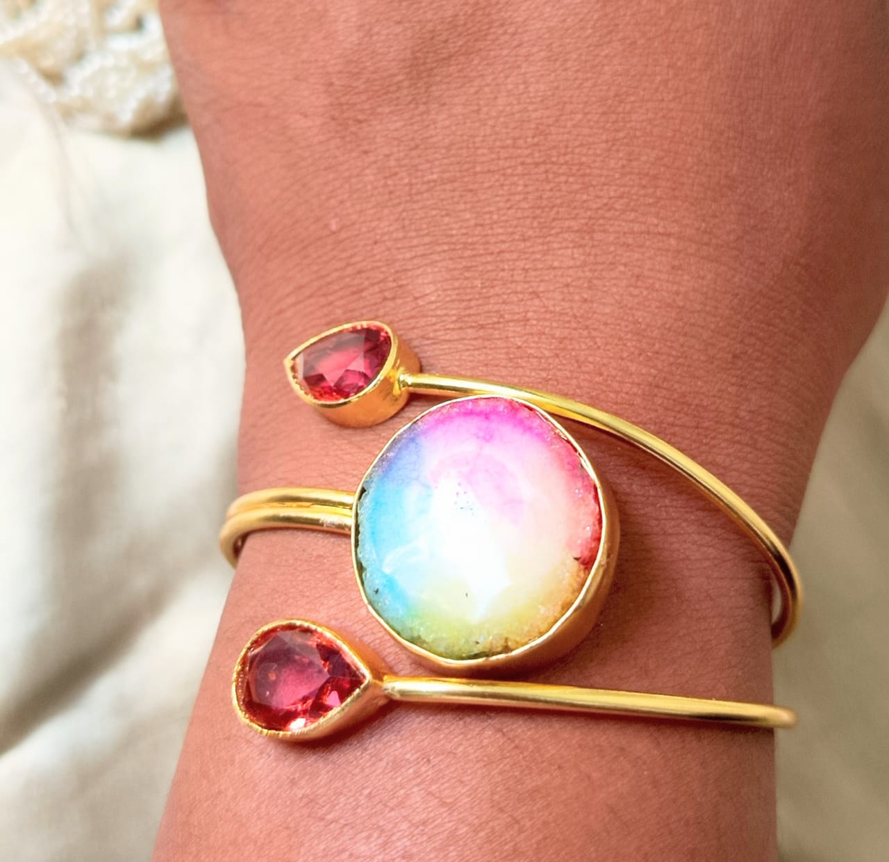 Rainbow Aura Quartz & Ruby tone Gemstone Handcuff
