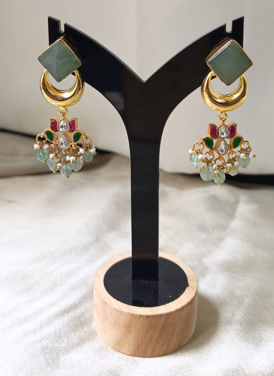 Green Stone & Kundan Lotus Chandbali Earring