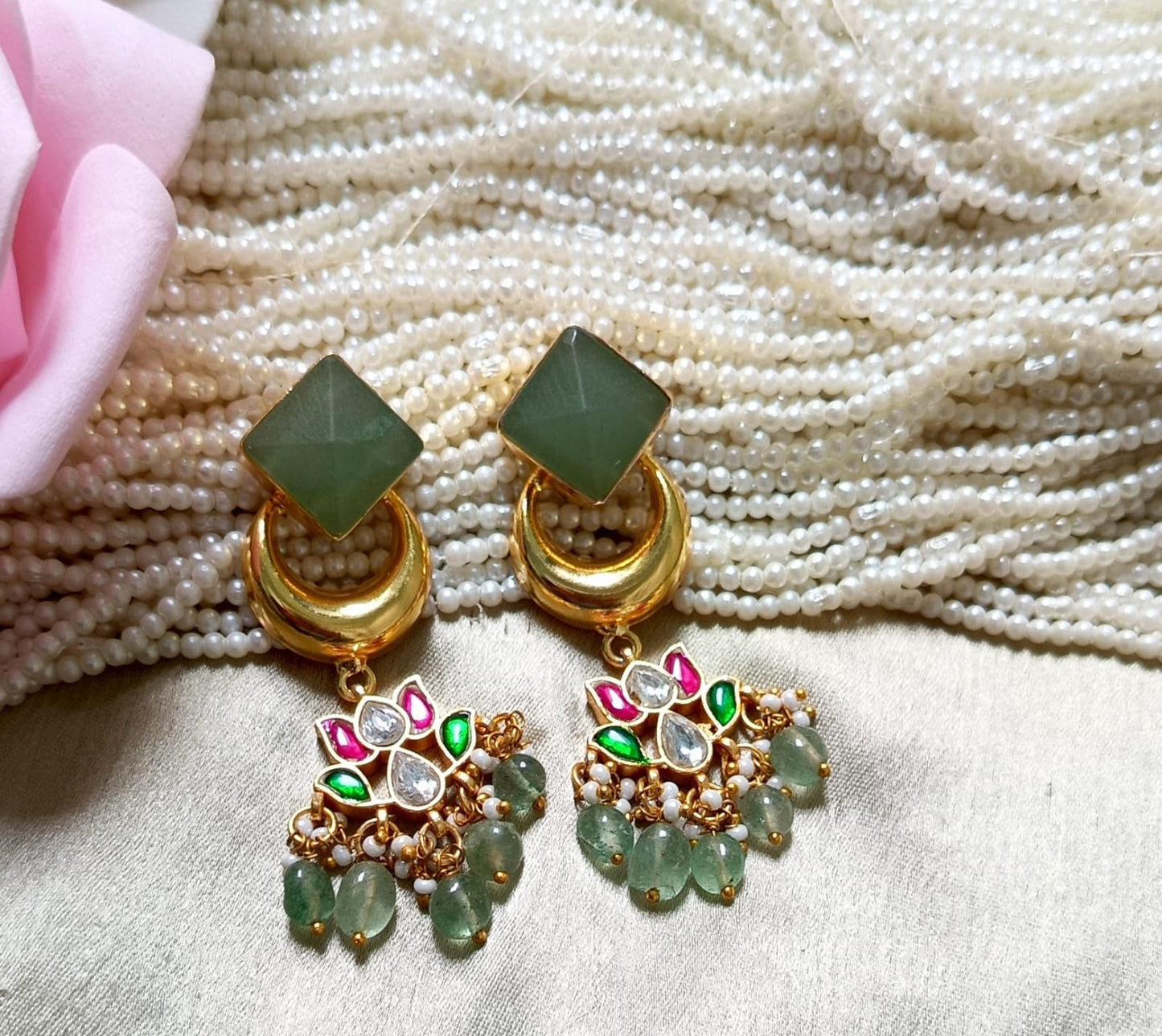 Green Stone & Kundan Lotus Chandbali Earring