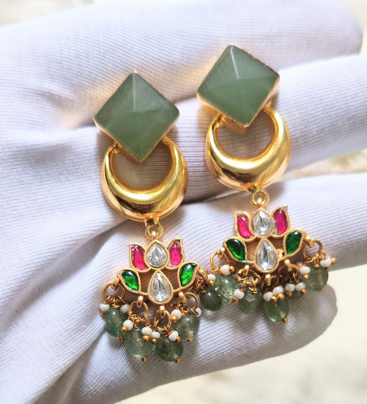 Green Stone & Kundan Lotus Chandbali Earring