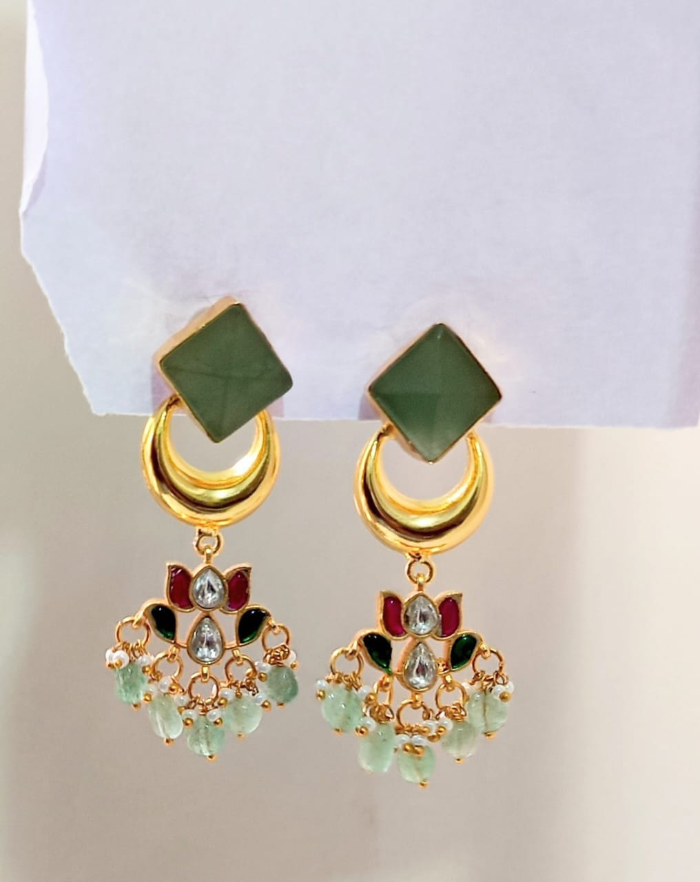 Green Stone & Kundan Lotus Chandbali Earring